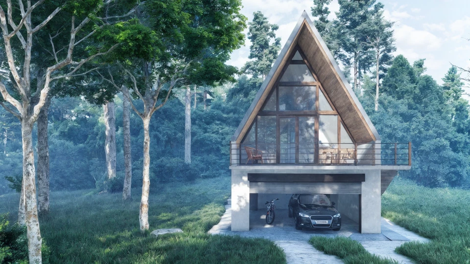 Casa pequeña con marco en A con garaje y loft | Juego de planos de construcción de 20+ páginas Foto 2 de 4