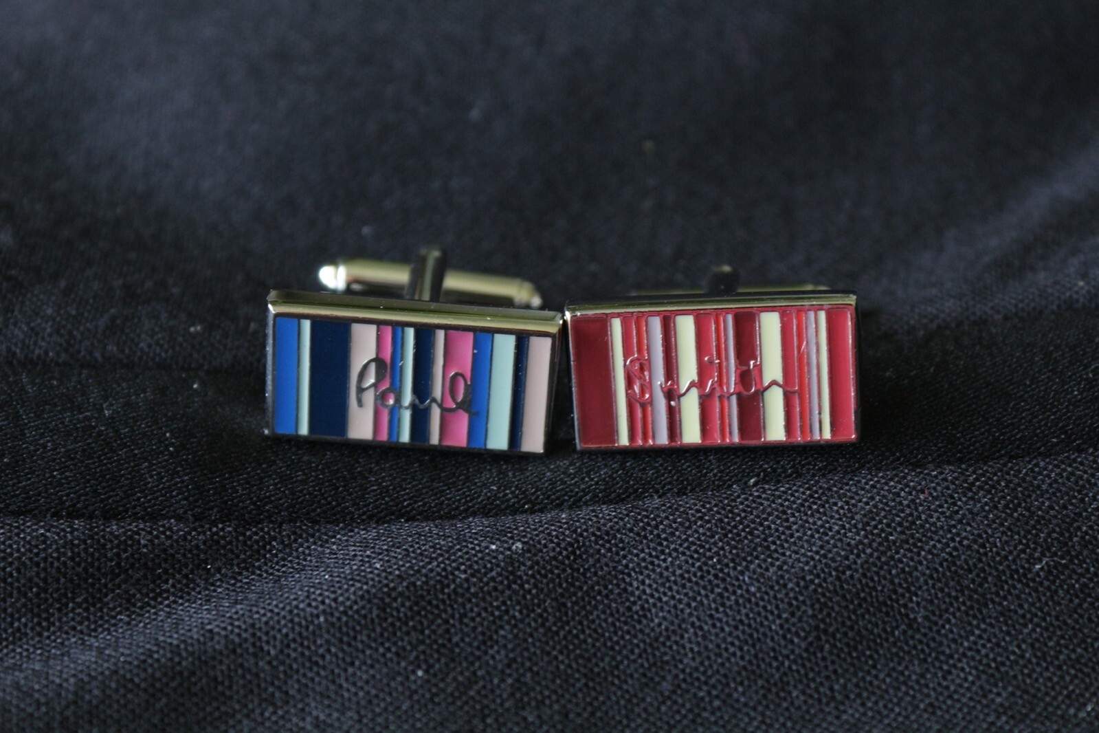 Paul Smith Cufflinks Odd Pair Pink Blue Stripes Chrome Swivel Back French Cuff