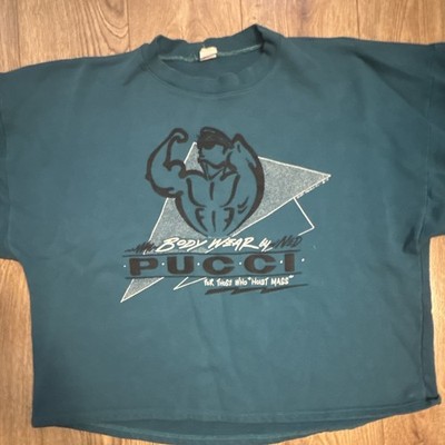 Rare Pucci-Bendi Men's XL Teal Crew Neck Long Sleeve Graphic Bodybuilding Crew