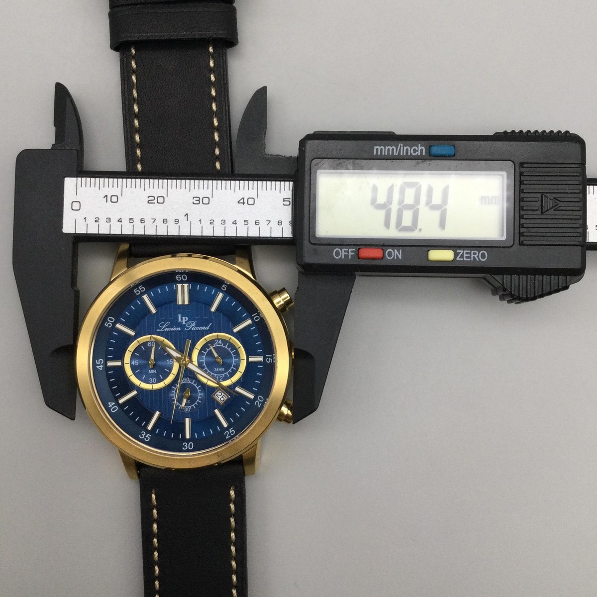 Lucien Piccard Mens Watch 48mm Blue Dial Gold Tone Chronograph New