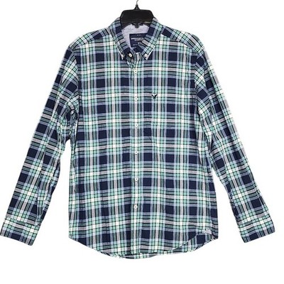 American Eagle Outfitters Mens Athletic Fit Plaid Button Down Shirt Medium Blue