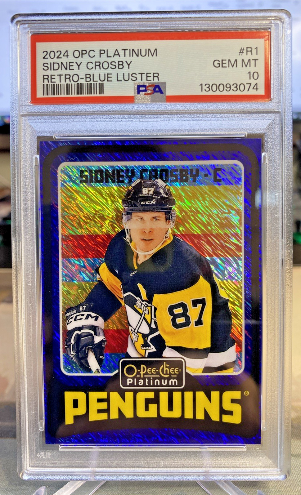 2024-25 OPC Platinum #R1 Sidney Crosby Retro Blue Luster /100 PSA 10 GEM view 2