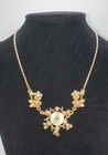 Vintage Gold Mother Of Pearl Rhinestone Necklace Coral Pink Flowers Faux Pearls — photo 2