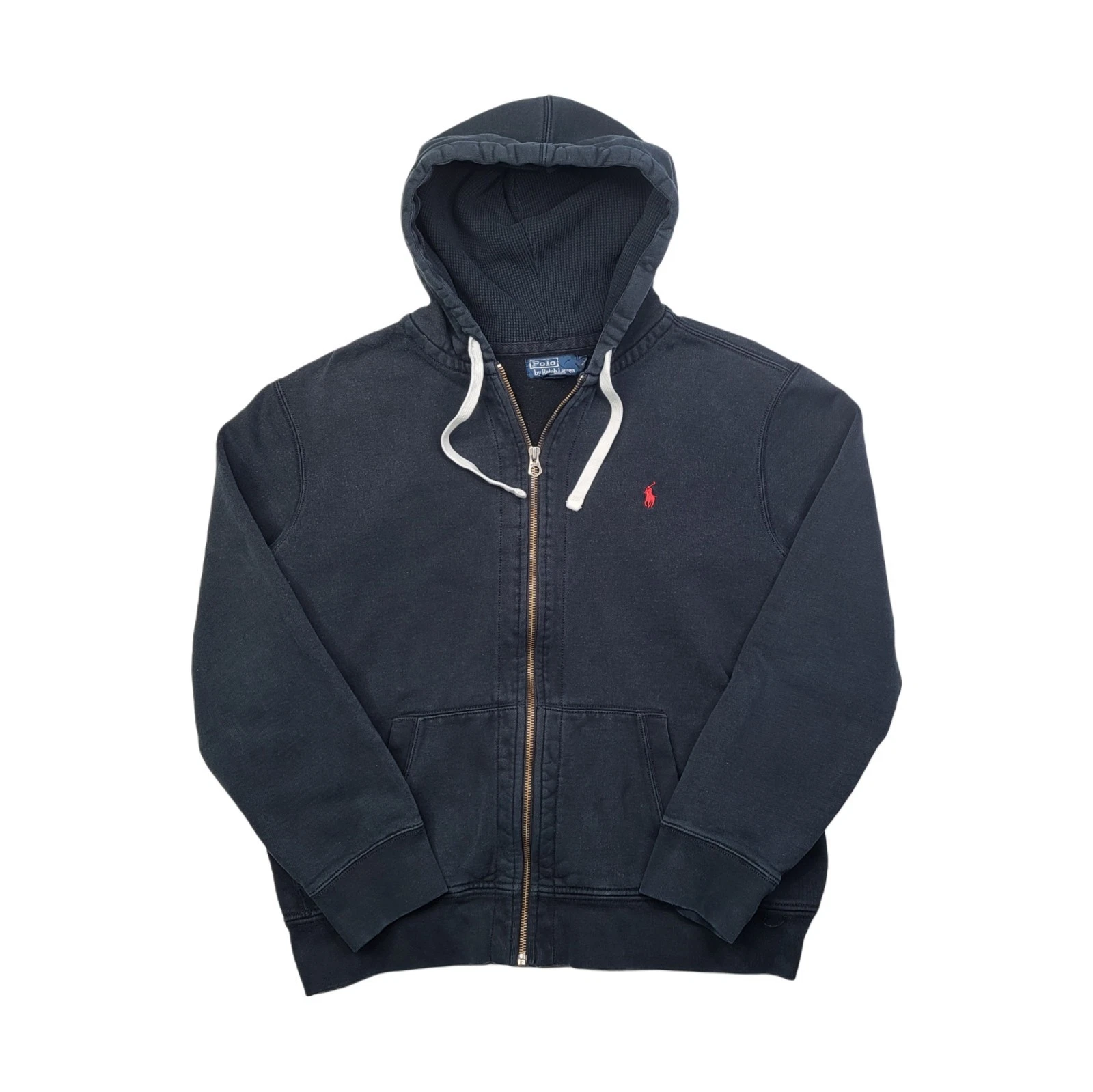 VINTAGE Polo Ralph Lauren Hoodie Mens 2XL Black Full Zip Thermal Fade 90s Y2K