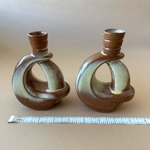2 FRANKOMA ART POTTERY Brown & Cream, Plainsman 305 Candlestick Holders PAIR