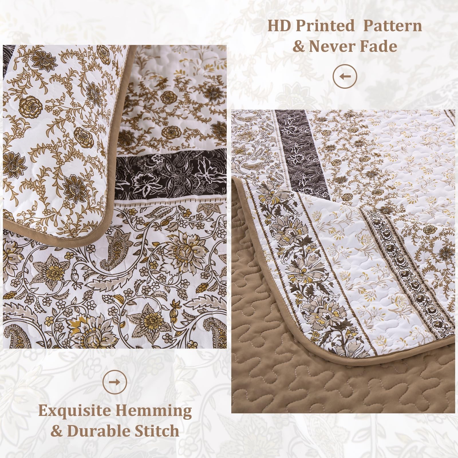 Menghomeus Brown Stripe Paisley Quilt Set King Boho Striped Bedspread Coverle...