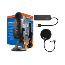 Blue Yeti Microphone Knox Gear Pop Filter 3.0 4 Port USB Hub Bundle Blackout 