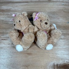 Girls Plush Teddy Bear Novelty Slippers Tan Faux Fur Size 11-12 Pink Bows