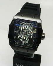 New Men's Quartz 42mm Skeleton Tonneau Barrel Mille Homage Black Steel Watch