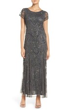 Pisarro Nights Beaded Mesh Midi Cocktail Dress SZ 8 Smoke 268