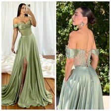Shoulderless Women's Ball Dress Beaded Satin Crystal Split Fold Evening Gown