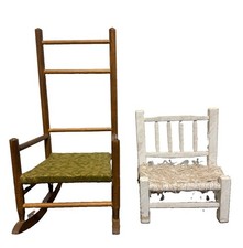 Vintage Wooden Doll Chair and Rocker Woven Wicker Seat, Fabric Hearts 9 16 T