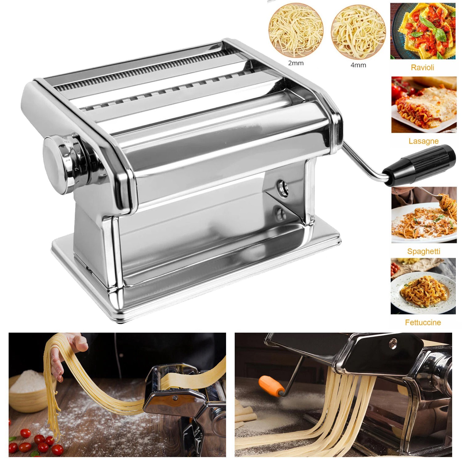 Hand-Cranked Stainless Steel Fresh Pasta Noodle Maker Roller & Cutter Home