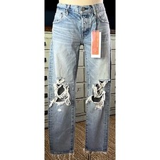 NWT New 350 Moussy Vintage May Tappered Distressed Light Blue Jeans Size 28