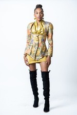 Vintage Karen Okada David Howard Dress Set Size 6 Women Gold Satin Dress Blazer