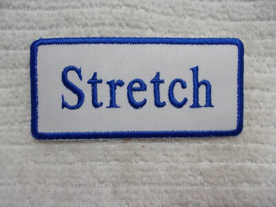 STRETCH NEW EMBROIDERED  SEW / IRON ON NAME PATCH BLUE ON WHITE