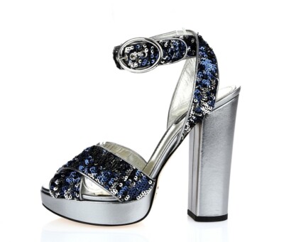 Dolce & Gabbana Pewter Blue Sequins Leather Platform Ankle Strap Sandals Size 38