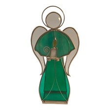 VTG Stained Glass Angel Hand Cut Ornament Green Signed