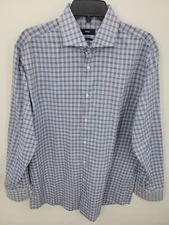 Hugo Boss Shirt Mens 16.5 Blue White Plaid Long Sleeve Button Up Preppy Modern
