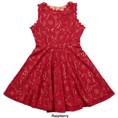 Rare Editions Lace Skater Dress w/Crochet Detail sz 12 raspberry color