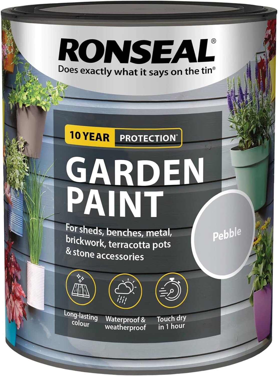 Ronseal Garden Paint Metal Wood Brick Stone Shed Furniture Pots 750ml - Pebble