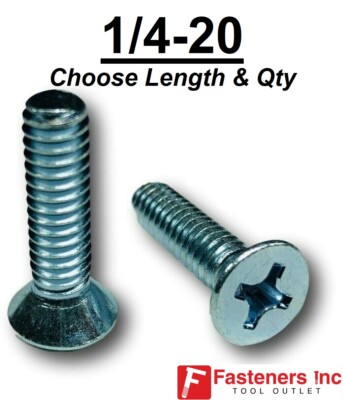 1/4-20Phillips Flat Head Machine Screw Zinc Plated Countersunk All Lengths&Qtys