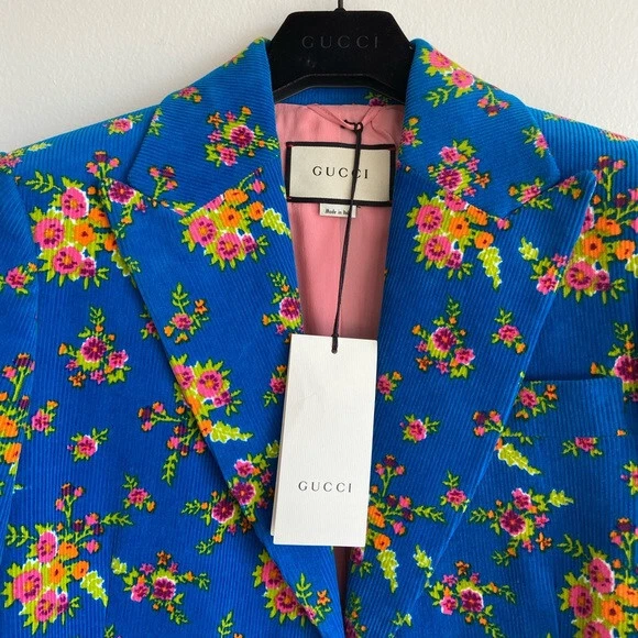 NUOVO GUCCI Velluto a coste monopetto stampa floreale tg 40 fiore blu brillante