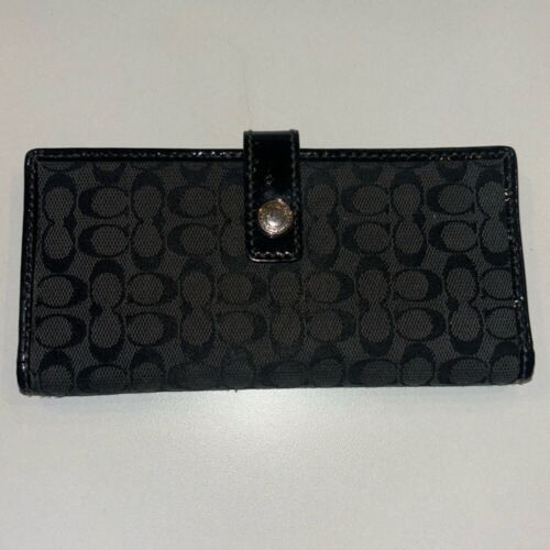 Coach Signature Monogram Fabric Patent Leather Wallet Black Card Case Checkbook - Picture 1 of 5