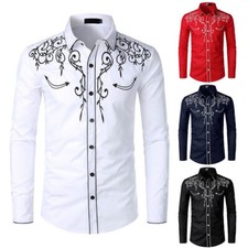 Mens Western Cowboy Shirt Long Sleeve Retro Embroidery Casual Buttons Down Shirt