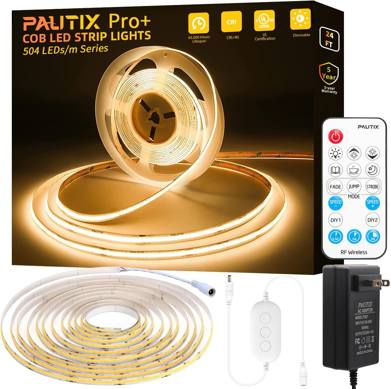 PAUTIX COB LED Strip Light 2700K, 24ft/7.5m Dimmable 2700K/24ft, White