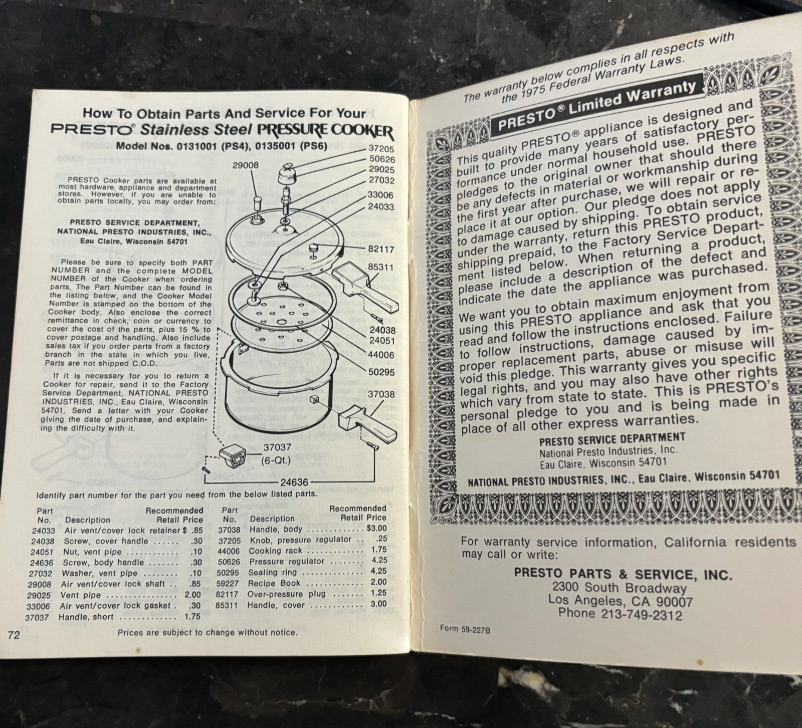 1979 Presto Pressure Cooker Canner Instructions Recipe Booklet Only 4.5x6.5