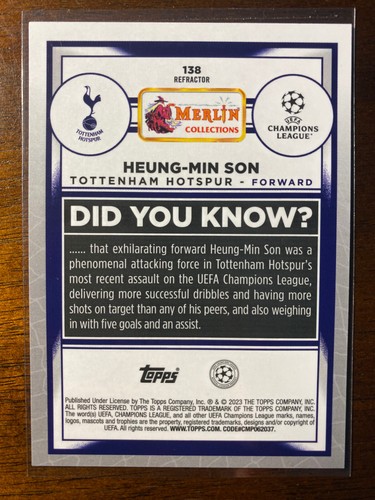 2022-23 Topps Chrome Merlin UEFA Heung-Min Son #138 Refractor Tottenham Hotspur - Picture 2 of 2