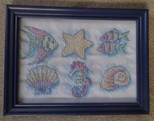 Framed Cross Stitch Nautical Seashore Star Fish Shells Seahorse  FREE SHIPPING