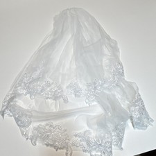White Cathedral Wedding Veil Lace Applique Edge Net Tulle w/ Comb