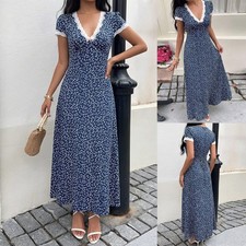 Women Lace V Neck Floral Midi Dress Ladies Summer Holiday Short Sleeve Dresses