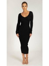 Meshki Stretchy Ribbed Knit V-Neck Bodycon Midi Dress Minimalist Black Medium
