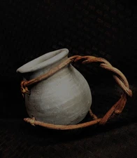 Vintage Folk Art Pottery Pitcher Vase Bluish Green w/ Vine Handle Rustic 7.5x5.5