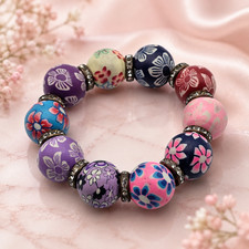 Multicolor Floral Polymer Clay Bead Rhinestone Stretch Bracelet 6.5 Inch