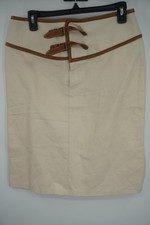 Ralph Lauren Skirt Beige Leather Trim Buckle Knee Length Women's 8