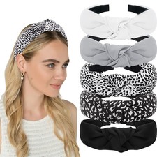 Black Knotted Headbands 5 Pack Wide Top Knot Non Slip Leopard Print Fashion