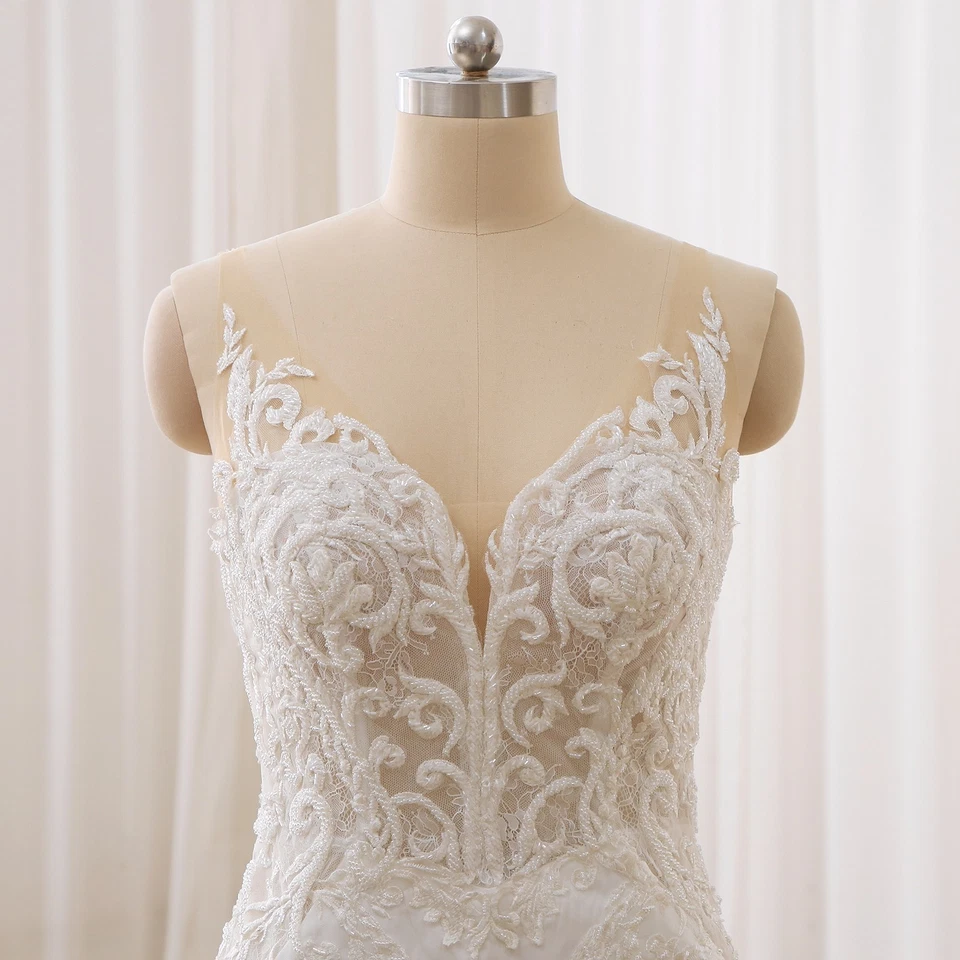 Crepe Fit Flare Meerjungfrau Spitze Brautkleid Hochzeitskleid Perlenstickerei - Bild 3 von 4