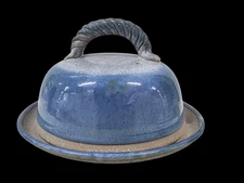 Studio Pottery Blue Speckled Glazed Covered Cheese Butter Dish Rope Handle