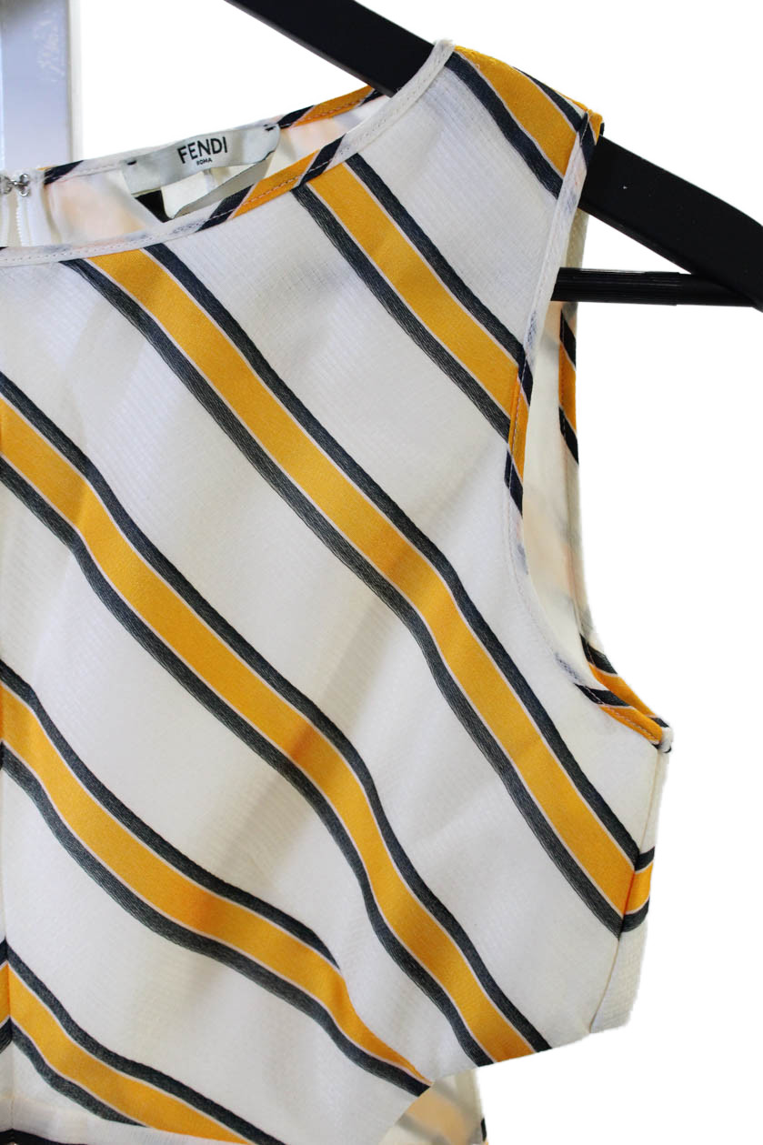 Fendi Women White Striped Fit & Flare Dress Crew Neck Zip Silk Blend Size S thumbnail 7