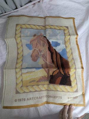 1978 Vintage Artcraft projects 14''x18 Needlepoint picture Horse stallion partial