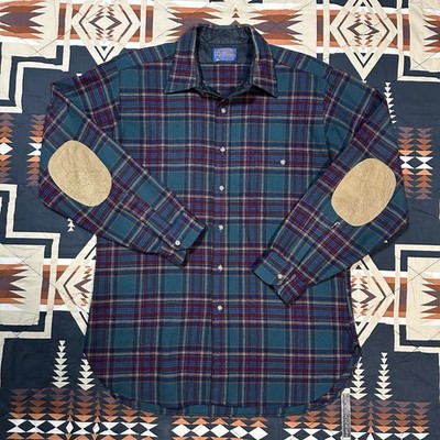 Vintage Pendleton Tartan Plaid Flannel Shirt Elbow Patches Large Made In USA