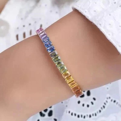 18Ct Emerald Lab Created Rainbow Sapphire Tennis Bracelet 14K Yellow Gold Plated