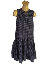 DRESS Sleeveless Navy white spot Asymmetrical frill Sz XS Pockets Cotton