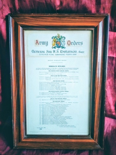 WWI Army Orders General Sir H.S. Rawlinson Original Framed Print Gallantry 1919