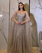 Long Floral Beads Elegant Cape Sleeve Evening Dress A Line Prom Dresses Party