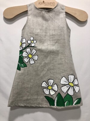 Mädchen Kleid reines Leinen naturgrau 12 Monate Blumenmuster Ada Klementi